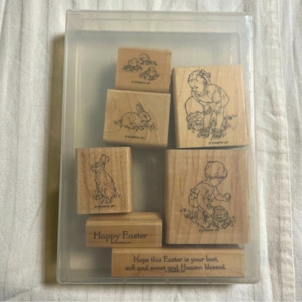 RARE Stampin' Up Heaven Blessed Easter Bunny Child Chicks Wooden Block Stamp Set